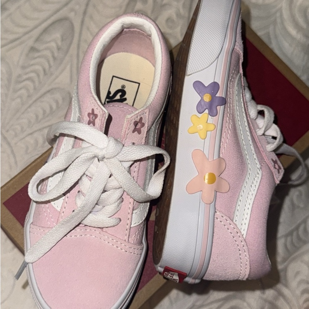 Vans Pink and White Sneakers with Floral Accents